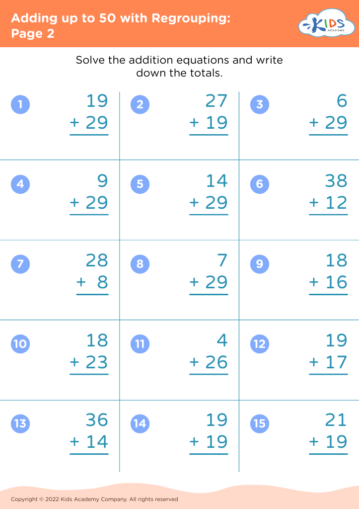 Adding up to 50 with Regrouping: Page 2