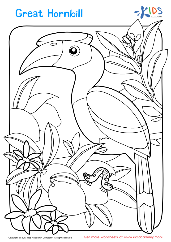 Worksheet: great hornbill coloring page