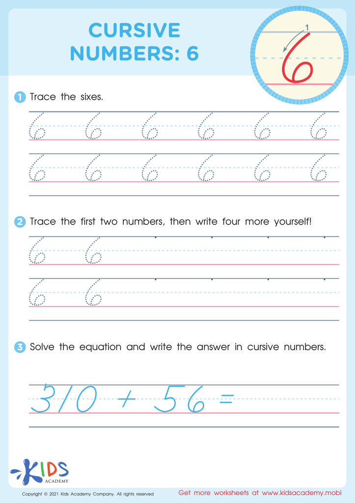 Cursive Numbers: 6 Worksheet