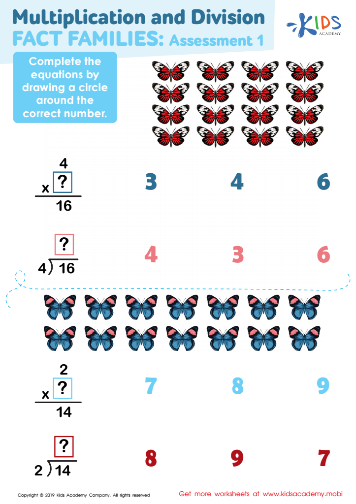 Multiplication and Division Fact Families Assessment 1 Worksheet