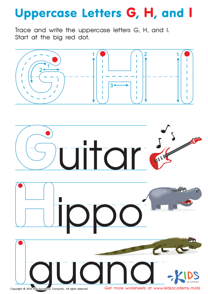 Uppercase Letters G, H, and I Worksheet Preview