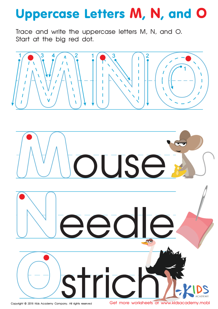 Uppercase Letters M, N, and O Worksheet Preview