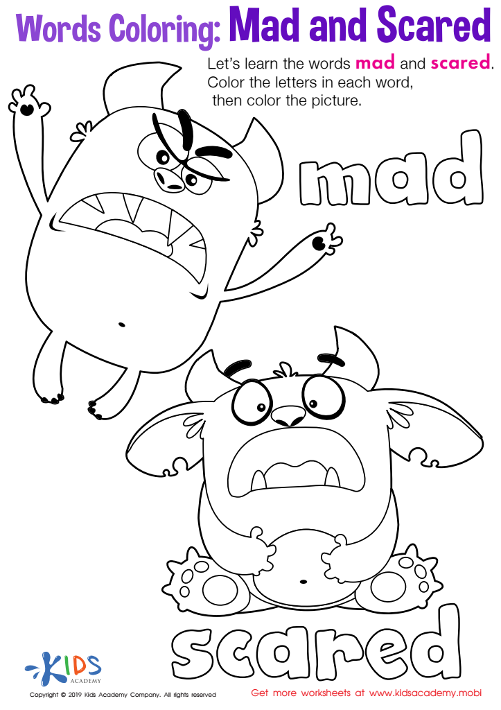 Mad and Scared Words Coloring Worksheet