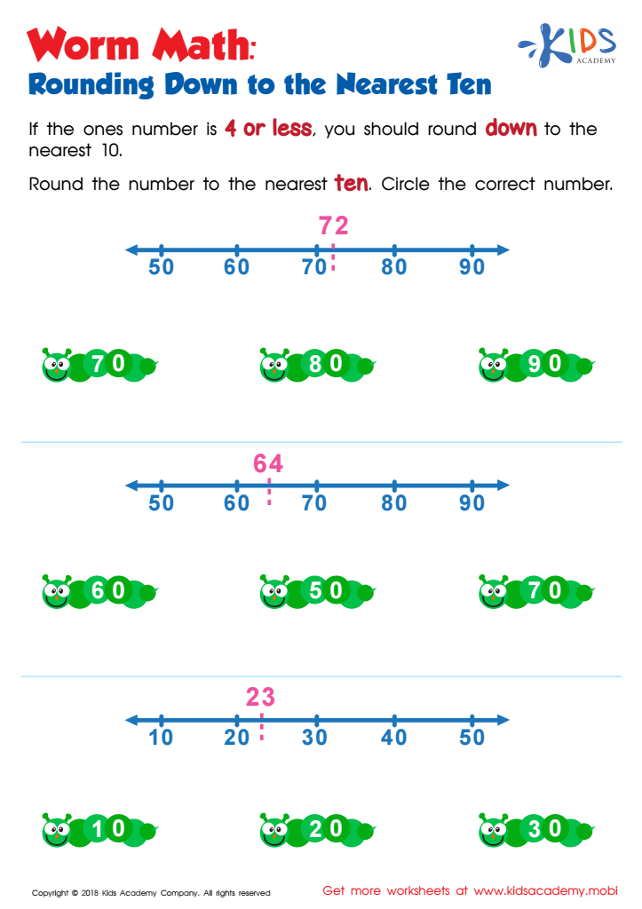 Worm Math Rounding Down to the Nearest Ten Worksheet